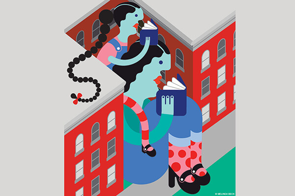Cartoon of a parent and child reading between two similarly-sized buildings.