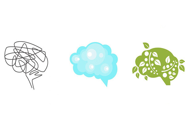 Three renderings of illustrated brains, one is an abstract scribble, one looks cloudy and ephemeral, one looks like plant matter.