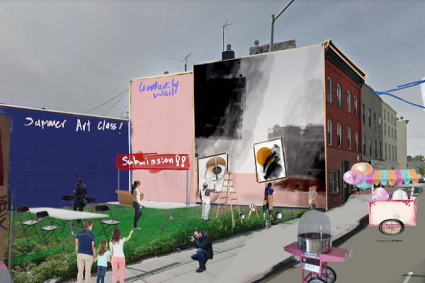 a design of a public space in an urban area, marked with summer art class, grafitti wall, and submission and a sign over the city street that says Bushwick Summer Block Party