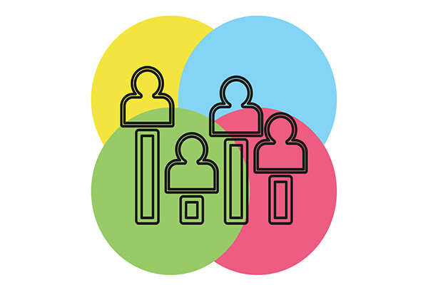 exit poll concept icon, four human figures transposed over colored bubbles with graph lines indicating measurement.