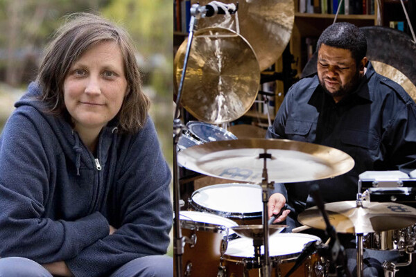 Two people, one sitting in the woods, and the other playing the drums. 