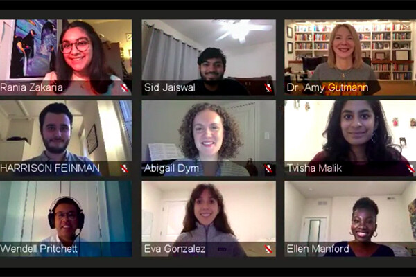Students meet virtually on BlueJeans with Pritchett and Gutmann