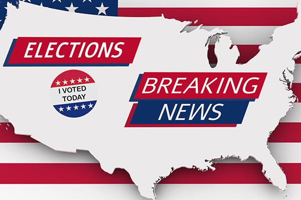 Map of United States that reads 'Elections,' 'I voted today,' and 'Breaking news'