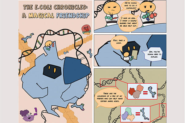 Three-panel comic strip called E. Coli Chronicles, A Magical Friendship