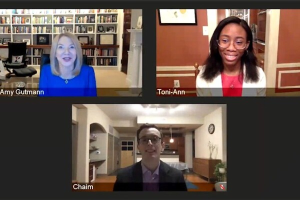 Gutmann in video call with scholarship students