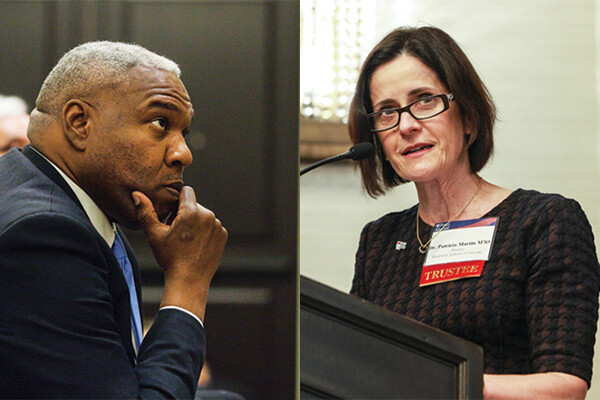 Michael Barrett in profile looking forward with his hand on his chin at left, Patricia Martin at right speaking at a podium.