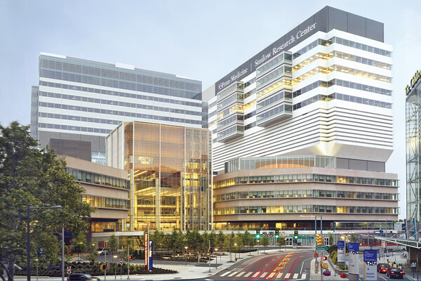 An exterior view of the Perelman School of Medicine. The Smilow Research Center is at right.