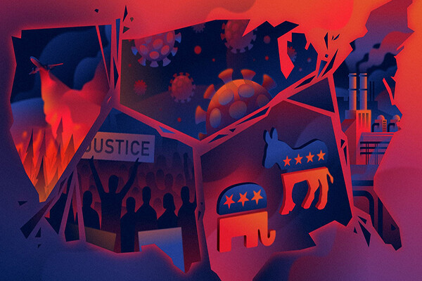 Cartoon of the U.S. map with imagery of political parties, racial justice protests, and coronavirus molecules.