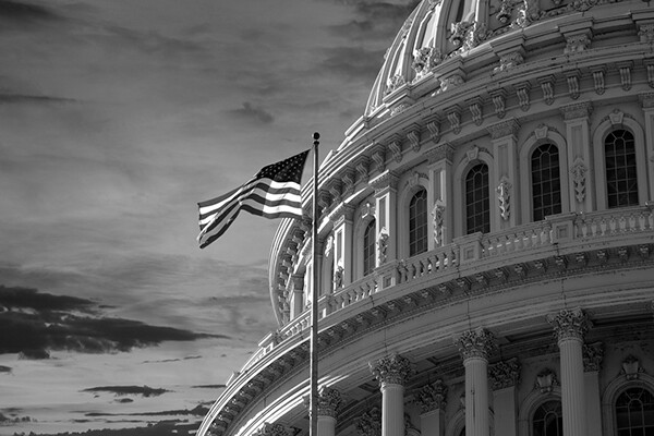 Outside of U.S. Capitol building at dusk with flag flying on flagpole.