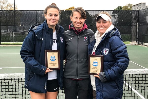 From left, senior Marija Curnic, Head Coach Sanela Kunovac, and junior Iuliia Bryzgalova (pre-pandemic photo).