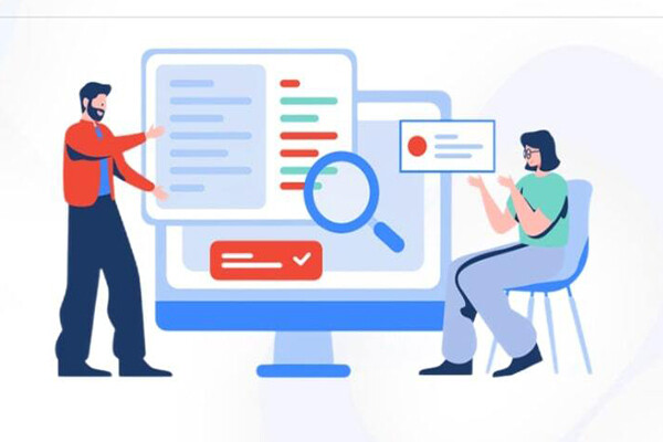 computer rendering of two people working at a computer