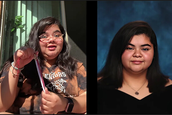 Perla holding ribbon juxtaposed with senior portrait