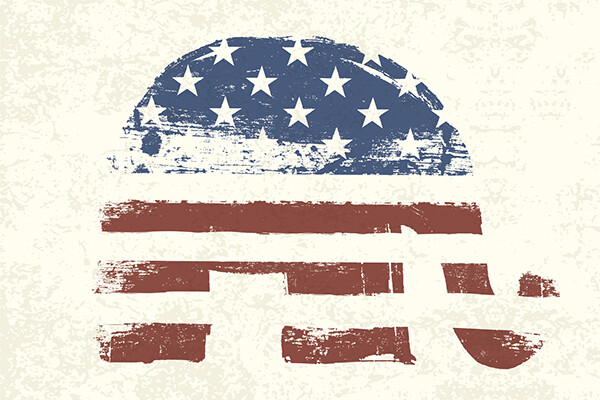 An image of an outline of an elephant is painted with blue stars on the back and red stripes on the legs and trunk