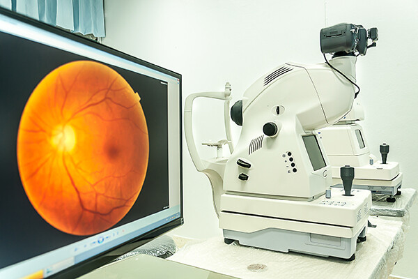 opthamalogy exam tool in front of a computer screen displaying a large zoomed-in retina