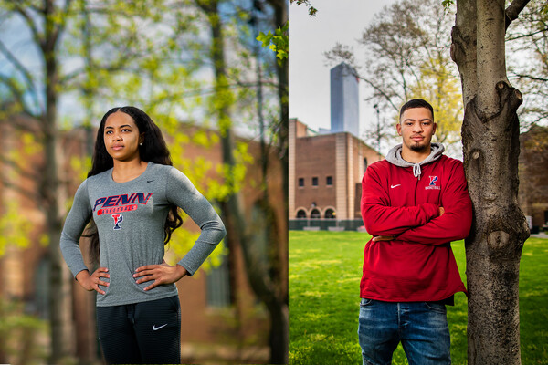 A composite of Michae Jones, left, and Jelani Williams right. Both are standing outside of the Palestra. Williams, wearing a red Penn hoodie, leans against a tree with his arms folded. Jones stands with her hands on her hips.