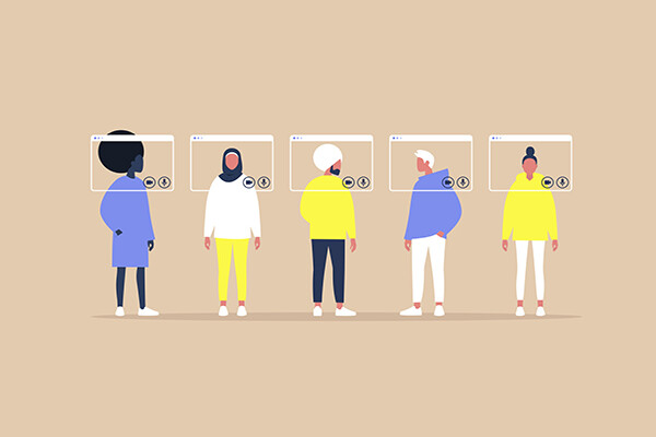 Group video call, virtual window frames with diverse people having an online meeting