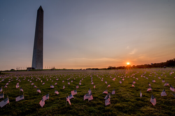 washington memorial with flags