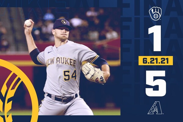 Making his major league debut, Jake Cousins prepares to throw the ball from the mound for the Milwaukee Brewers. The final 1-5 scored is listed vertically to the right.