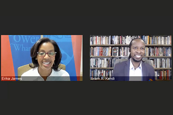 James on left and Kendi on right during virtual BlueJeans lecture