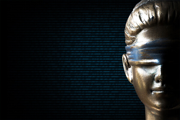 Partially obscured head of Blind Justice statue against a backdrop of algorithmic code.