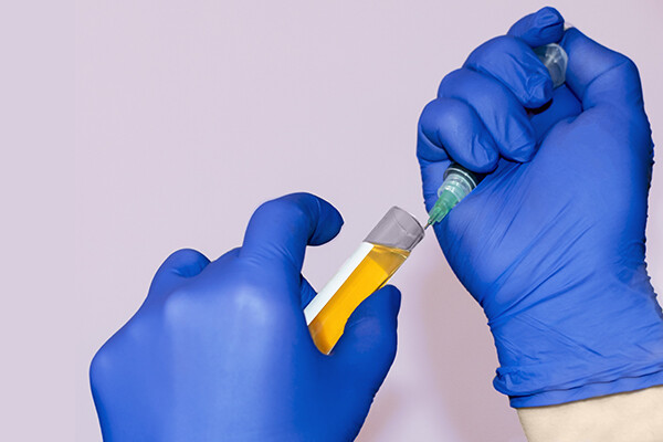 Gloved hands taking a sample of blood plasma from a test tube with a syringe.