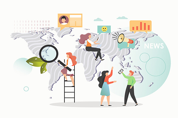Cartoon of a world map with people holding smartphones and magnifying glasses, images of bullhorns and frown faces and stock market signs indicating world news information being disseminated.