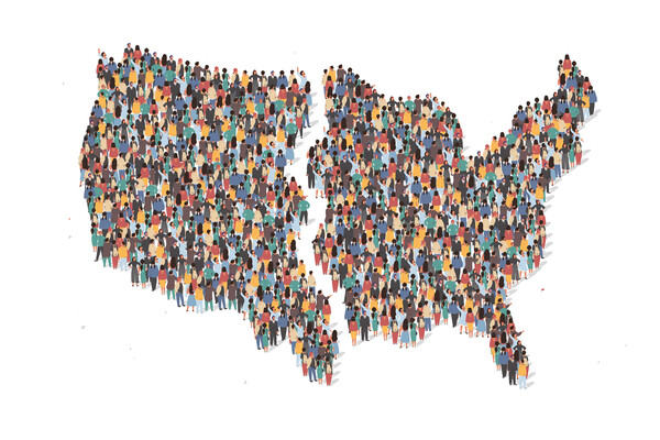 A stylized map of the United States is full of depictions of men and women packing the country