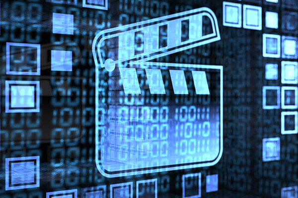 Digital clapperboard against a background of ones and zeros indicating big data.