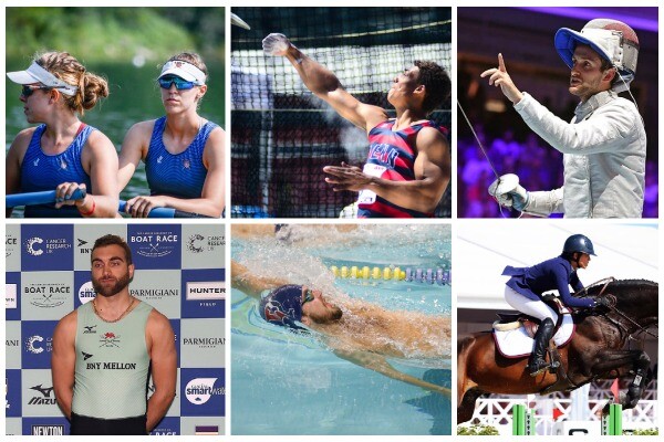 A college showing the six Penn athletes competing in the 2020 Tokyo Olympics, three on the top and three on the bottom.