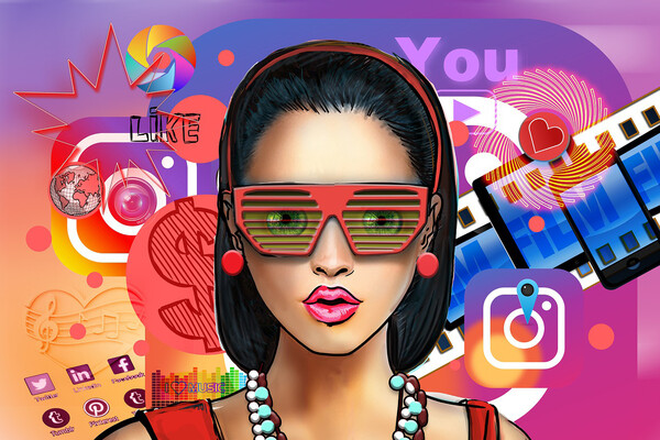 cartoon social media influencer headshot against background of social media icons.