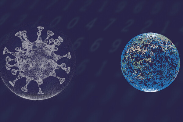 microscopic rendering of a virus cell next to a t cell.
