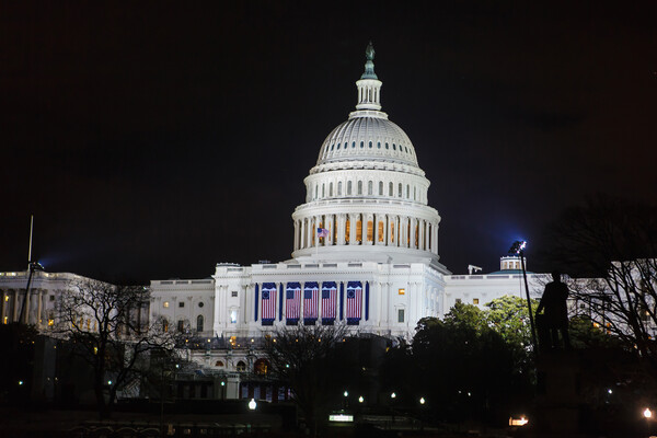 U.S. Capitol at night.