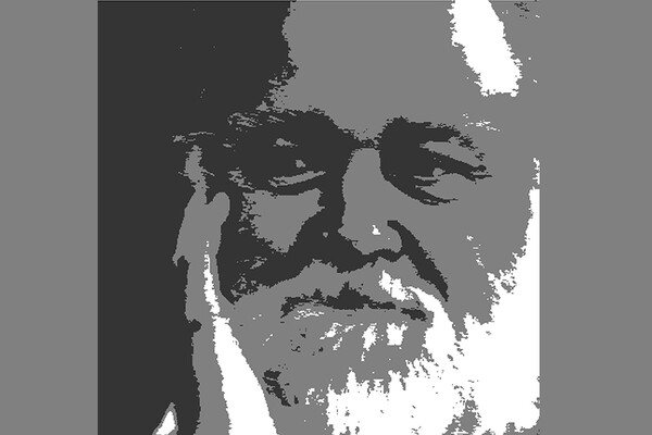 A landscape of Dana Tomlin’s face that appears to be block cut.