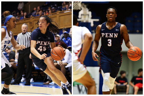 Left, Kayla Padilla dribbles the ball to the basketball at an away game at Duke. Right, Jordan Dingle dribbles the ball up the court while guarded by a defender.