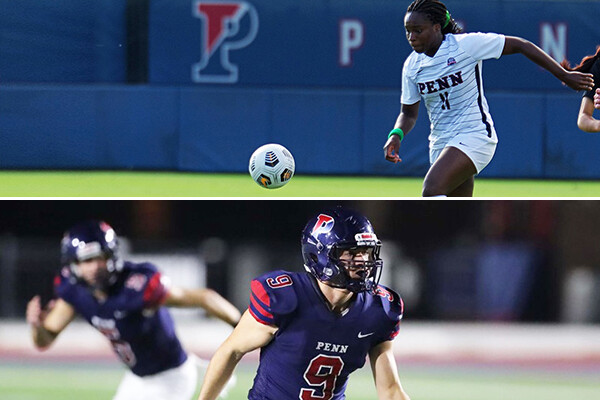 Top, Janae Stewart prepares to kick a ball; bottom, Jake Inserra prepares to make a tackle.