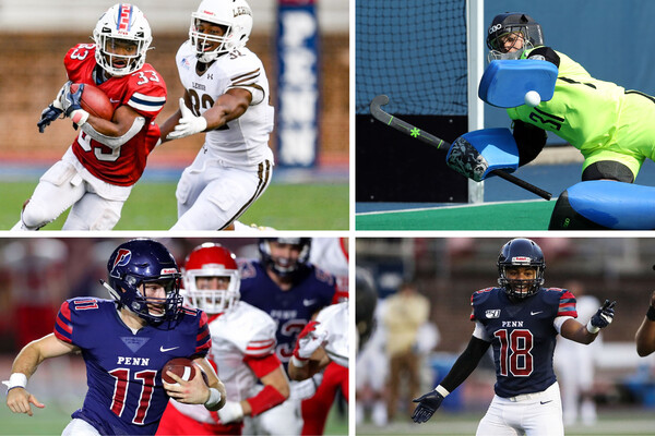 Top, from left: senior running back Isaiah Malcome runs the ball against Lehigh and sophomore goalkeeper Sabien Paumen blocks a ball during a game; bottom, from left: junior quarterback Andrew Paolini runs with the ball and junior linebacker Lewis Evans motions near a referree.