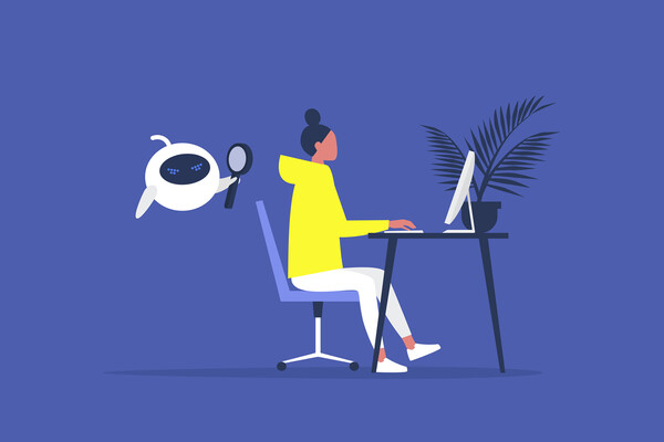 Cartoon of a worker at a computer with a flying robot behind them with a magnifying glass.