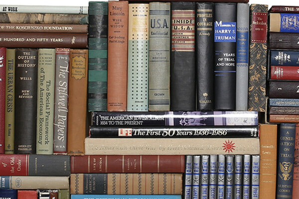 Books about U.S. history are stacked on top of one another