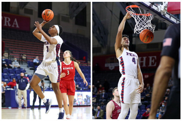 rigSophomore forward Jordan Obi goes up for the shot against King's College at the Palestra; junior center Max Lorca-Lloyd dunks the ball against Lafayette at the Palestra. 