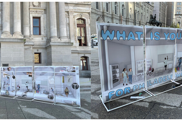 two panels depicting conditions in philadelphia public schools. the one on the left is a cartoon of students working in a classroom with issues such as mold, vermin, and asbestos and lead highlighted. on the right is an updated version of the same classroom with these issues removed and text below asks "what is your dream for philadelphia schools?"