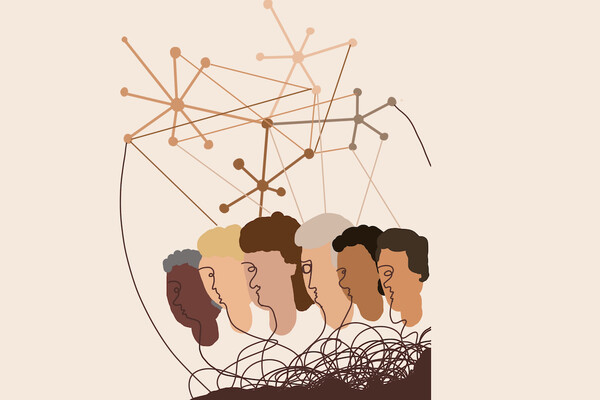 An illustration of six faces with different skin tones, ranging from dark to light. Above the faces are connected lines that look like jacks, to indicate social networks.
