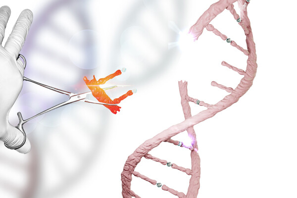 DNA helix with a piece being removed by a surgeon’s glove with scissors.