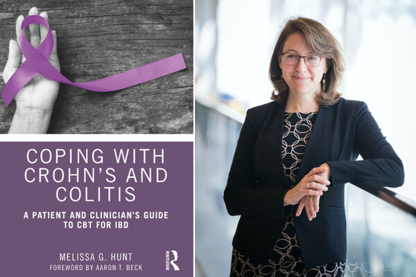 Image of a book cover, with a purple ribbon placed on top of a hand. The title reads," Coping with Crohn's and colitis: A patient and clinician's guide to CBT for IBD," by "Melissa G. Hunt, Foreword by Aaron T. Beck" next to a photo of a person standing up, wearing a black blazer and a black and gold dress.