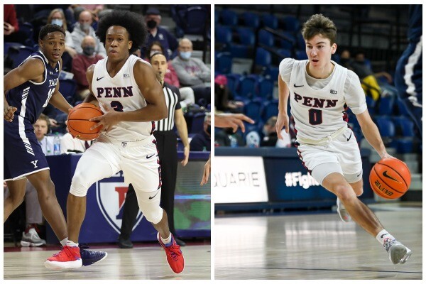 At left, Jordan Dingle dribbles the ball up the court against Yale. At right, Clark Slajchert dribbles the ball ups the court.