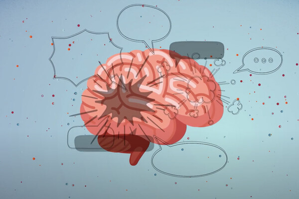 Rendering of a brain and brain activity as a result of dots representing genetic information.