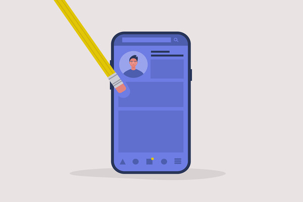 Social media on phone with content being erased by a large pencil.