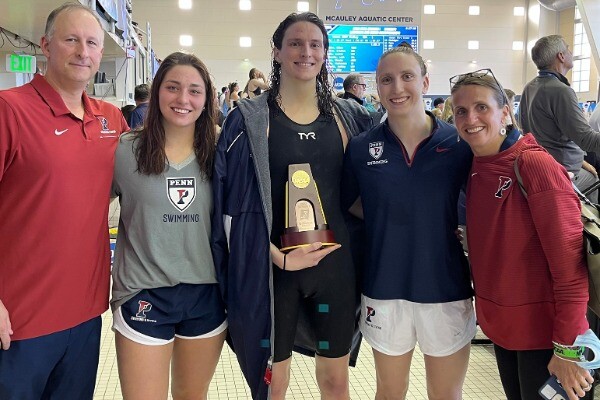 From left, Mike Schnur, head coach of the swimming and diving team, junior Anna Kalandadze, senior Lia Thomas, junior Catherine Buroker, and AD Alanna Shanahan.