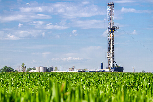 Rural farmland with fracking infrastructure.