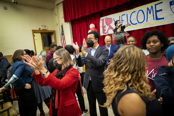 Grossman and Pritchett celebrate at Lea School