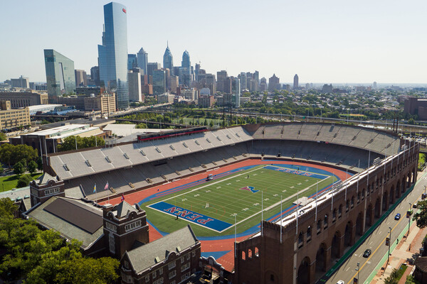Franklin Field with Philadelphia cityscape in distance.